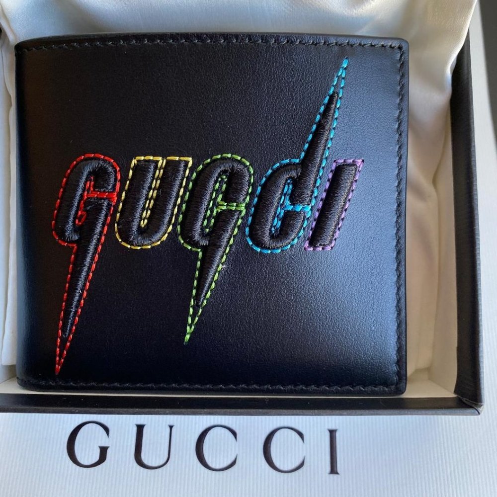 GUCCI black rainbow Embroidered bifold wallet with dust cover and gucci …